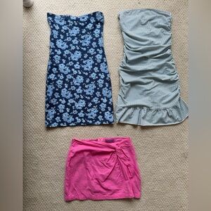 Edikted strapless dresses (Gaia gathered and Island girl) and mini skirt size XS